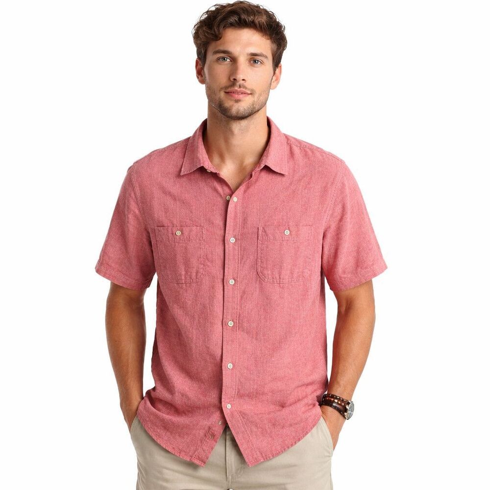 Lucky Brand Shirt Mens Large Red Linen Blend Short Sleeve Button Up Casual